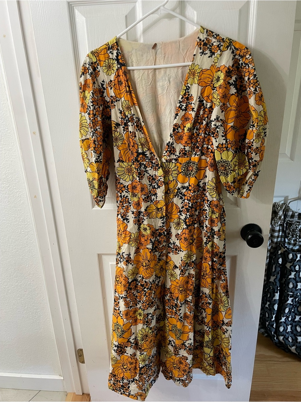 Free People Floral Plunge Midi Dress in Yellow & Orange